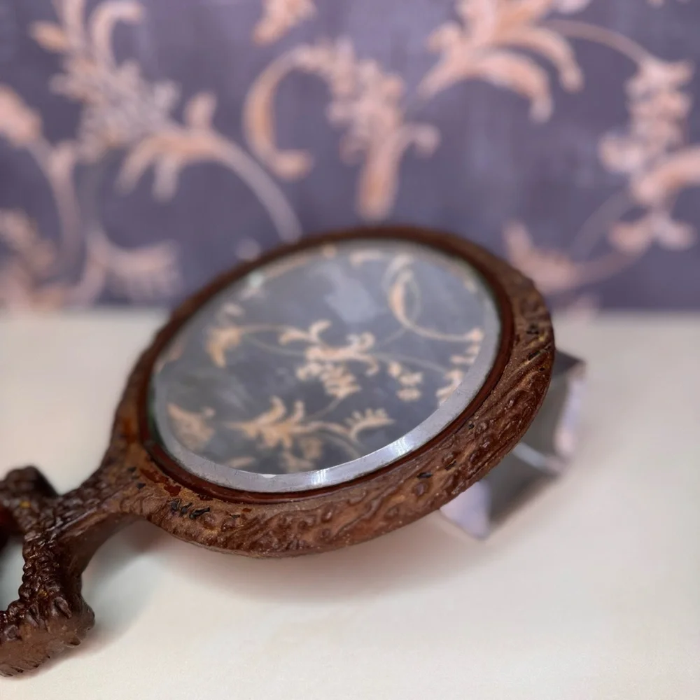 Antique Victorian Wood Mirror Beveled Glass Hand Mirror